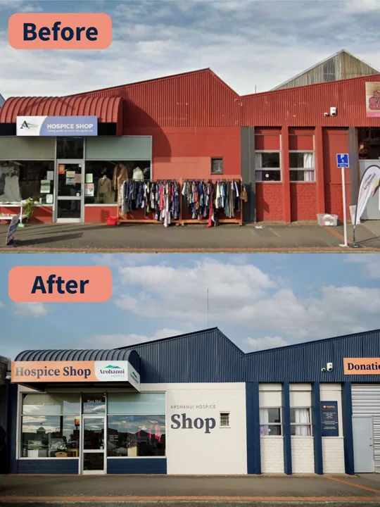Before and after GDPD’s repaint of the Feilding hospice shop frontage
